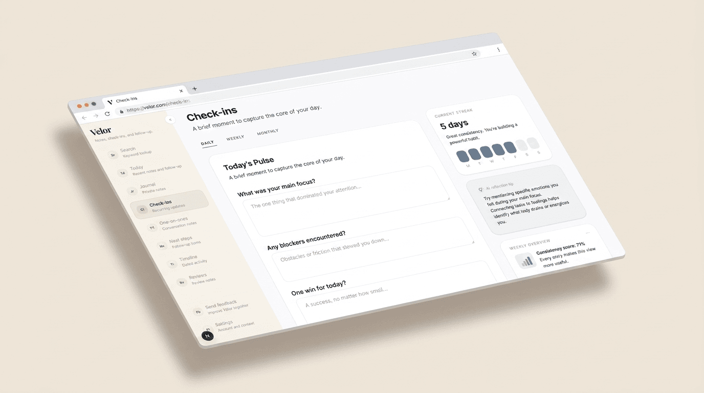 Velor check-ins workspace