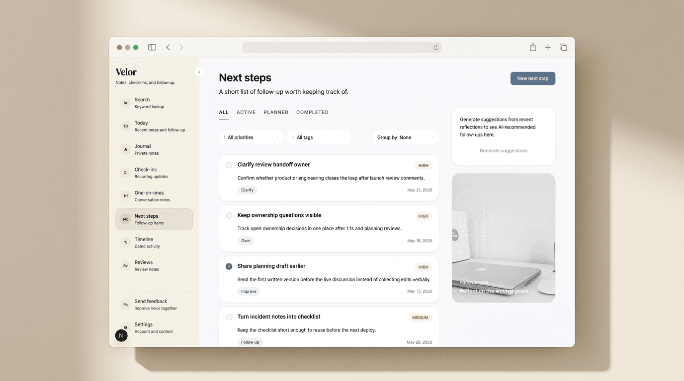 Velor next steps list